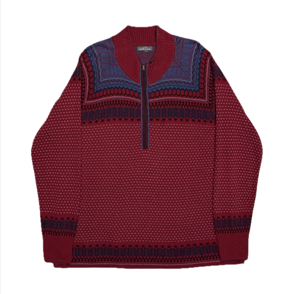 Eddie Bauer cotton blend red purple fair isle knit quarter zip sweater men's XL